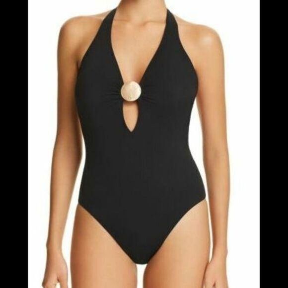 NWT Amoressa Laura Mars Bianca Plunging V-Neck Halter One-Piece Swimsuit - Picture 1 of 14